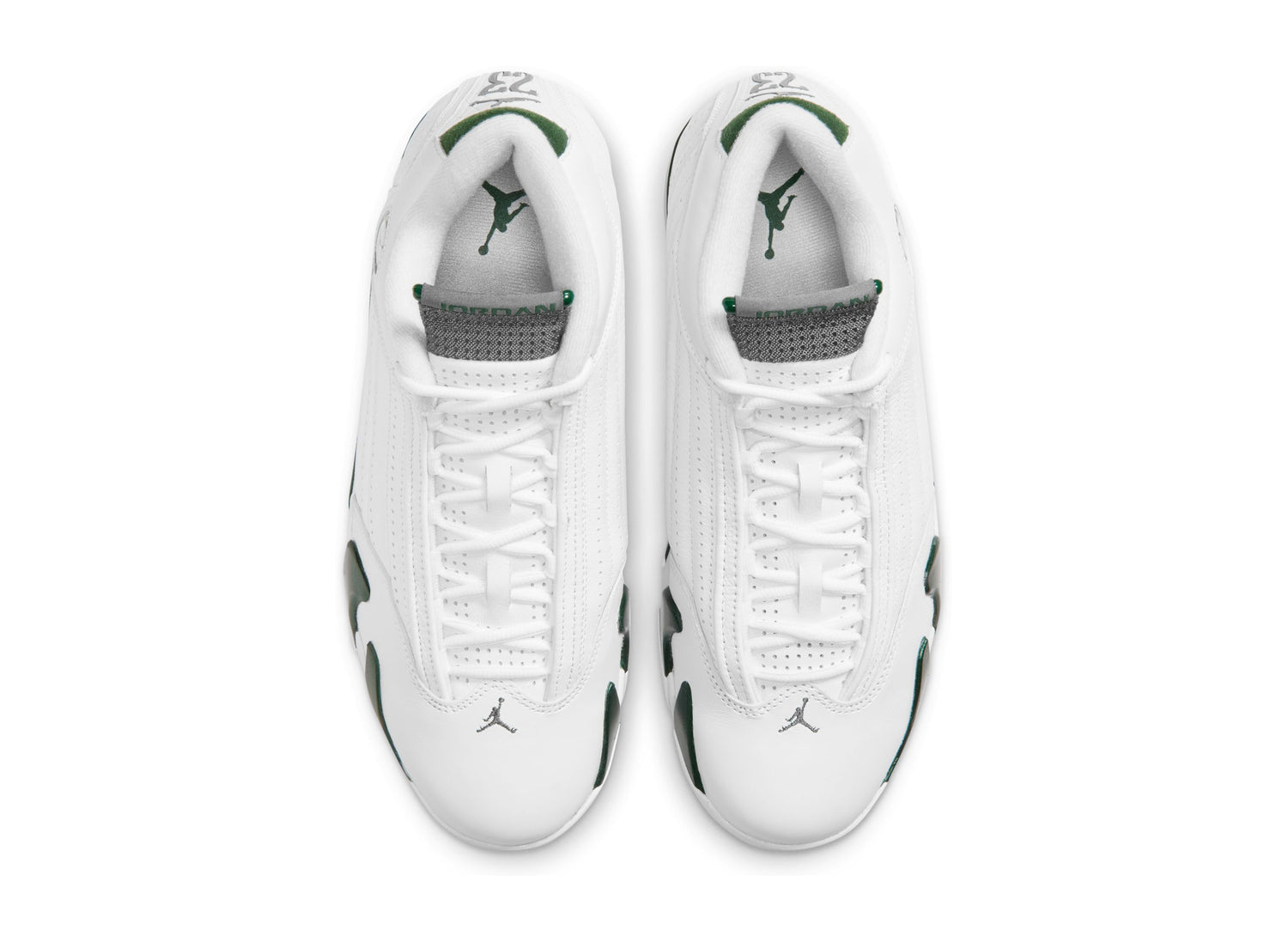 Air Jordan 14 Retro Forest Green in Gorge Green / Light Graphite / White — Top view of both shoes