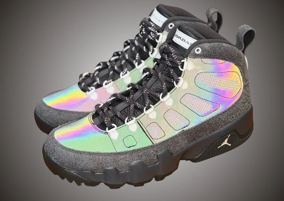 Air Jordan 9 Retro Boot NRG “Iridescent” in Anthracite / Multi-Color, pair shown at an angle with reflective finish