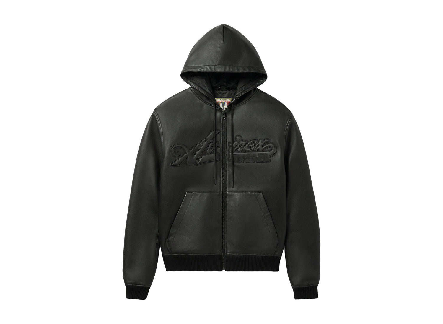 Avirex Script Nappa Leather Hoodie in Black — front view