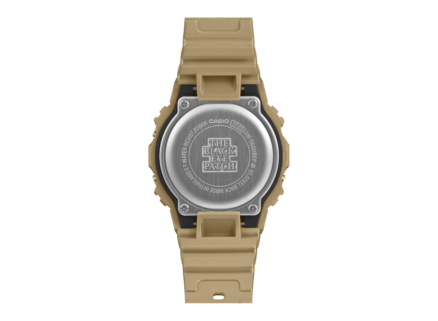 Casio G-Shock x BlackEyePatch DW5600BEP-9 in Gold / Black — engraved case back