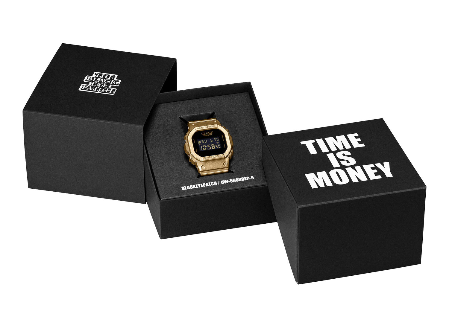 Casio G-Shock x BlackEyePatch DW5600BEP-9 in Gold / Black — special packaging