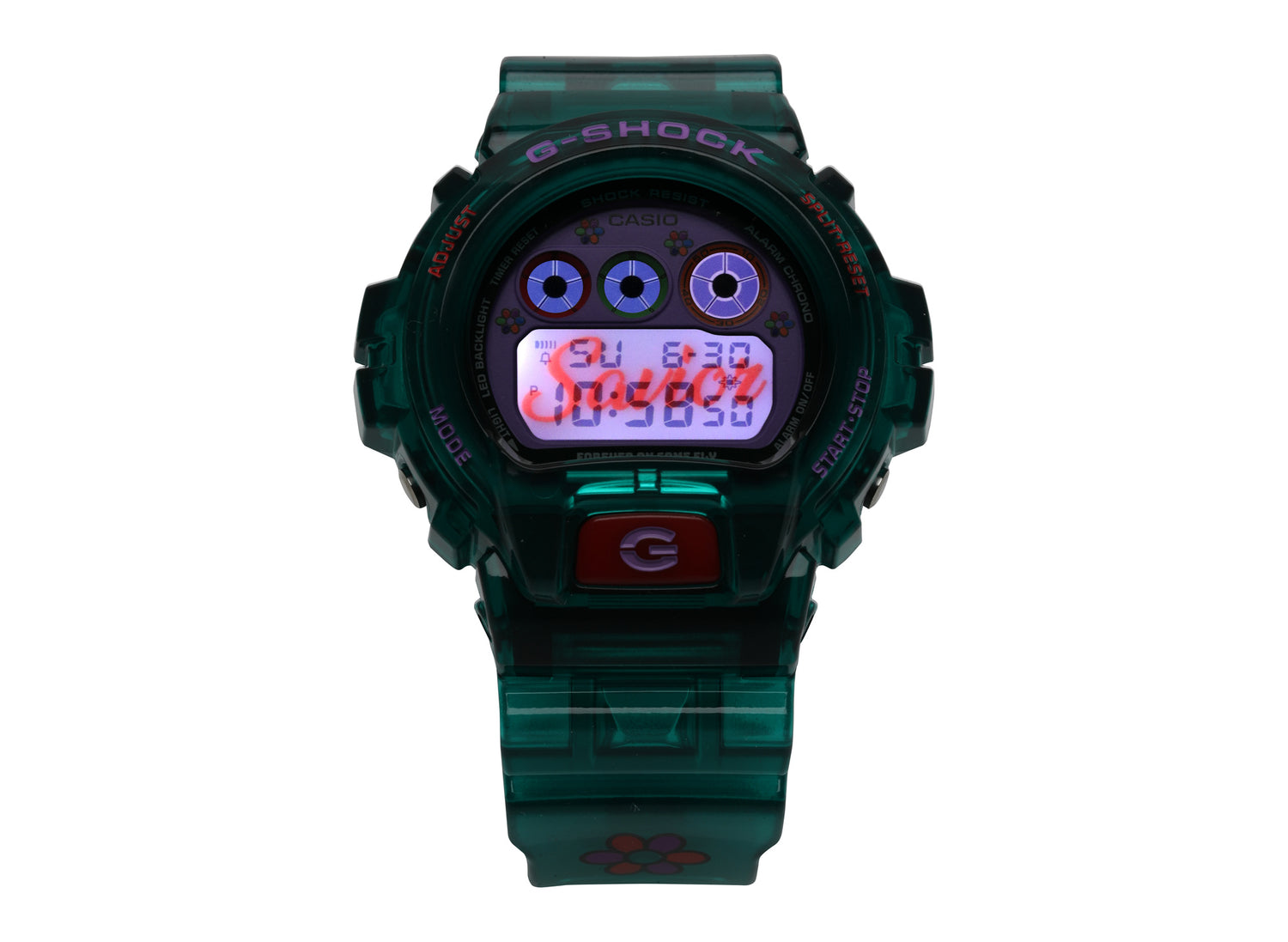 Casio G-Shock x Jae Tips DW6900JT26-3 watch in teal, illuminated display view