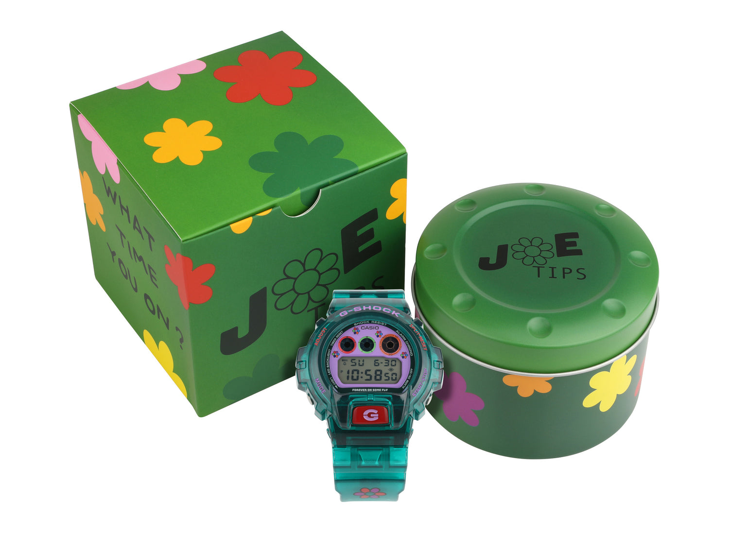 Casio G-Shock x Jae Tips DW6900JT26-3 watch in teal, watch with floral box and tin