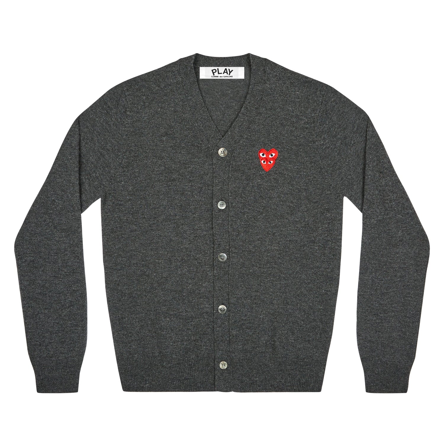 Comme des Garçons Play Double Heart Cardigan in Grey, style AZ-N076-051-2, front view