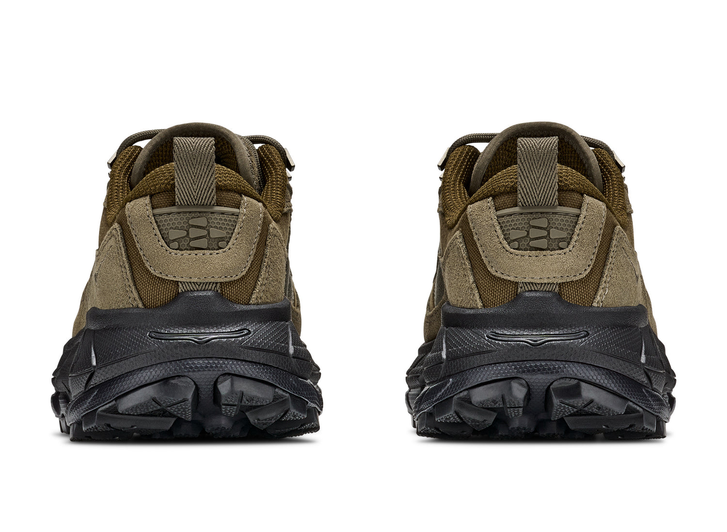Hoka Tor Summit FLD in Black / Antique Olive — heels view