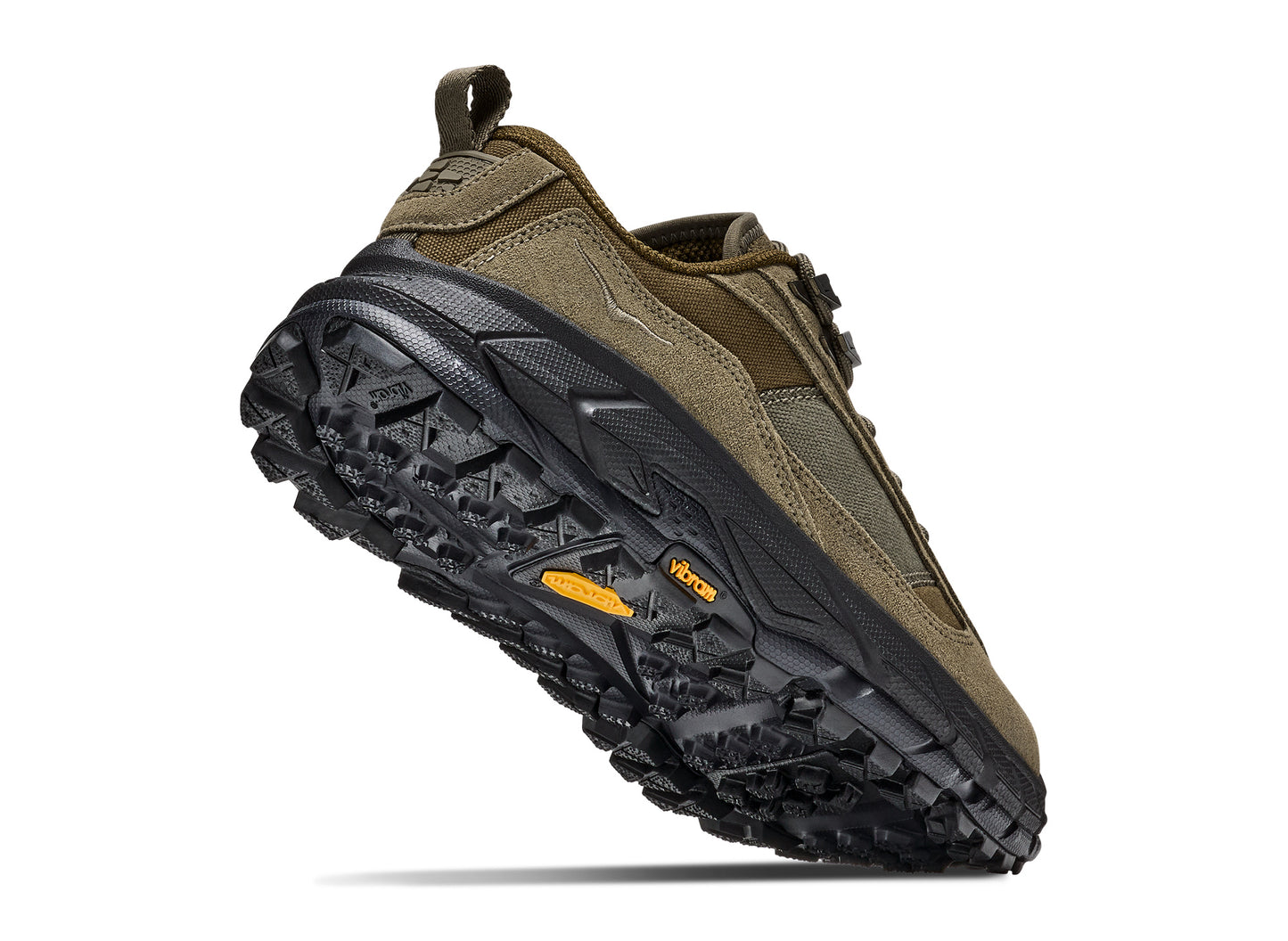 Hoka Tor Summit FLD in Black / Antique Olive — outsole angle view