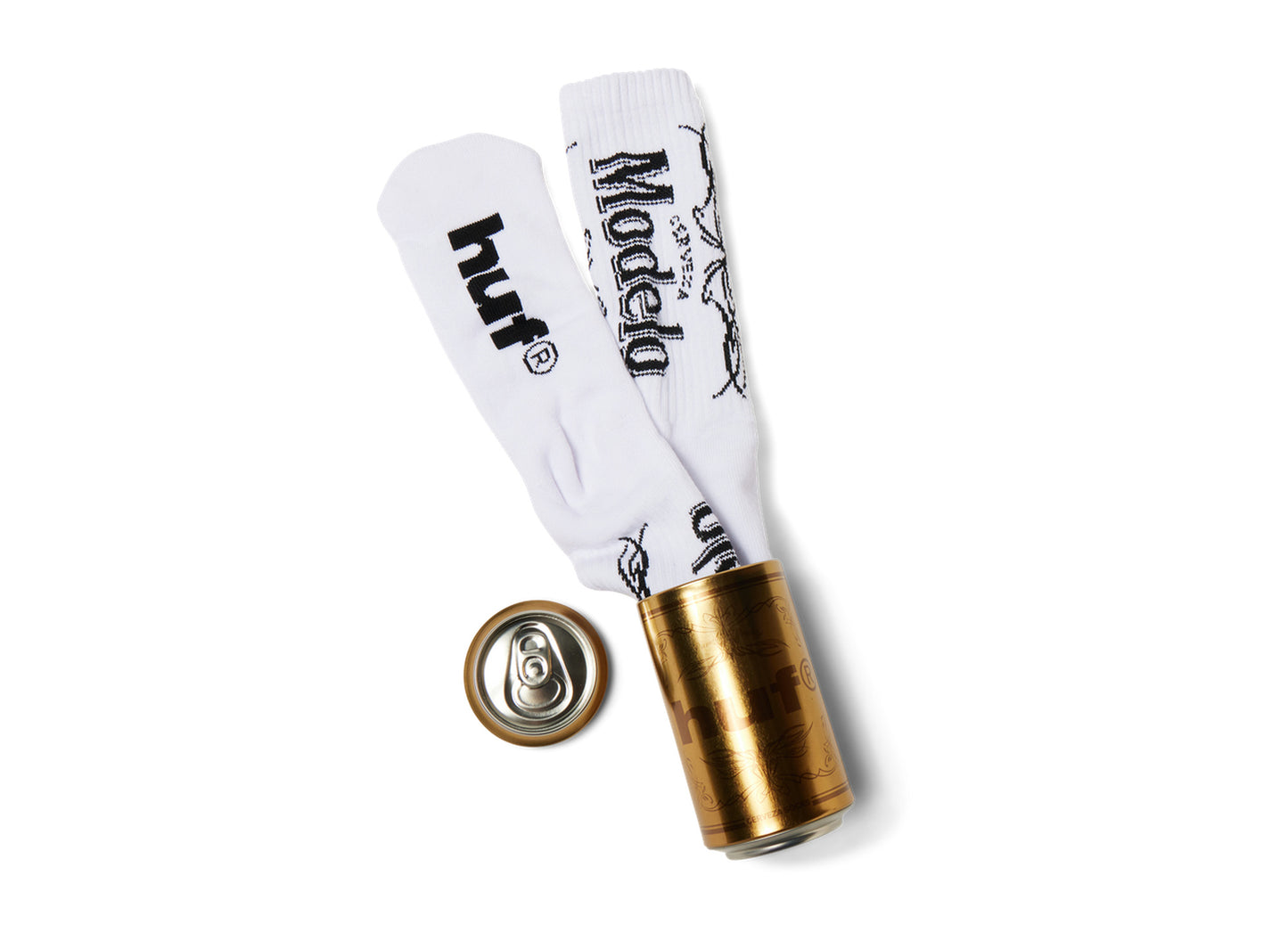 HUF x Modelo Pinstripe Can Socks in White, socks with custom can packaging