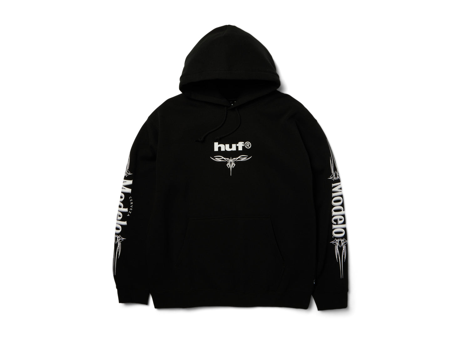HUF x Modelo Pinstripe Pullover Hoodie in Black, front view