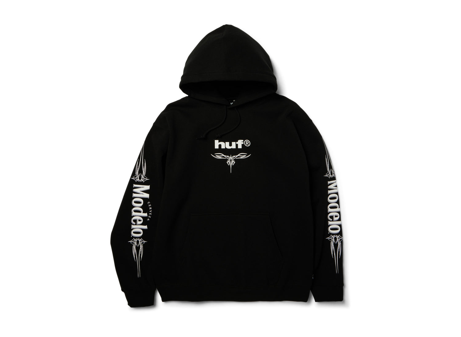 HUF x Modelo Pinstripe Pullover Hoodie in Black, alternate front view