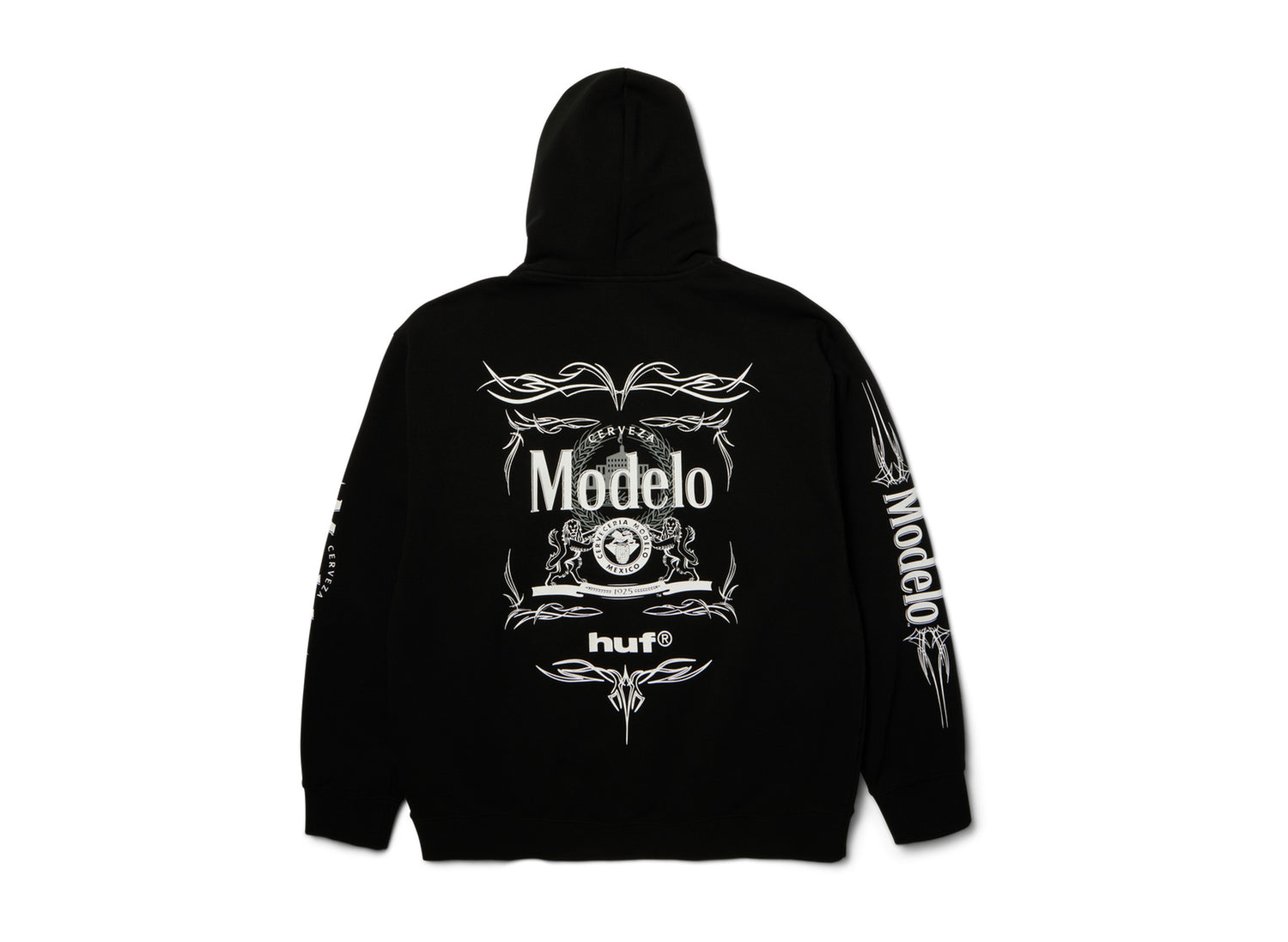 HUF x Modelo Pinstripe Pullover Hoodie in Black, back view