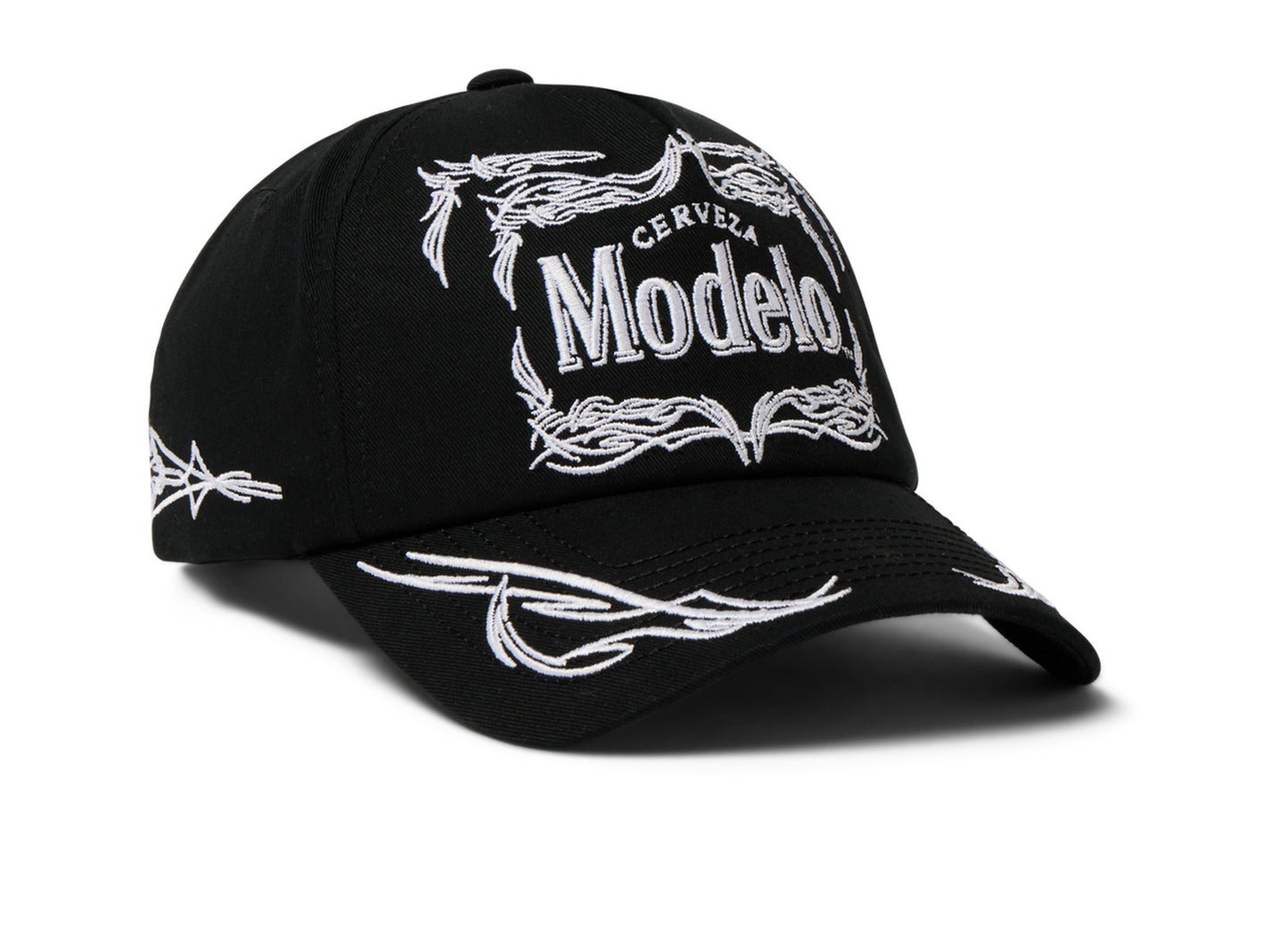 HUF x Modelo Pinstripe Snapback Hat in Black, angled front view