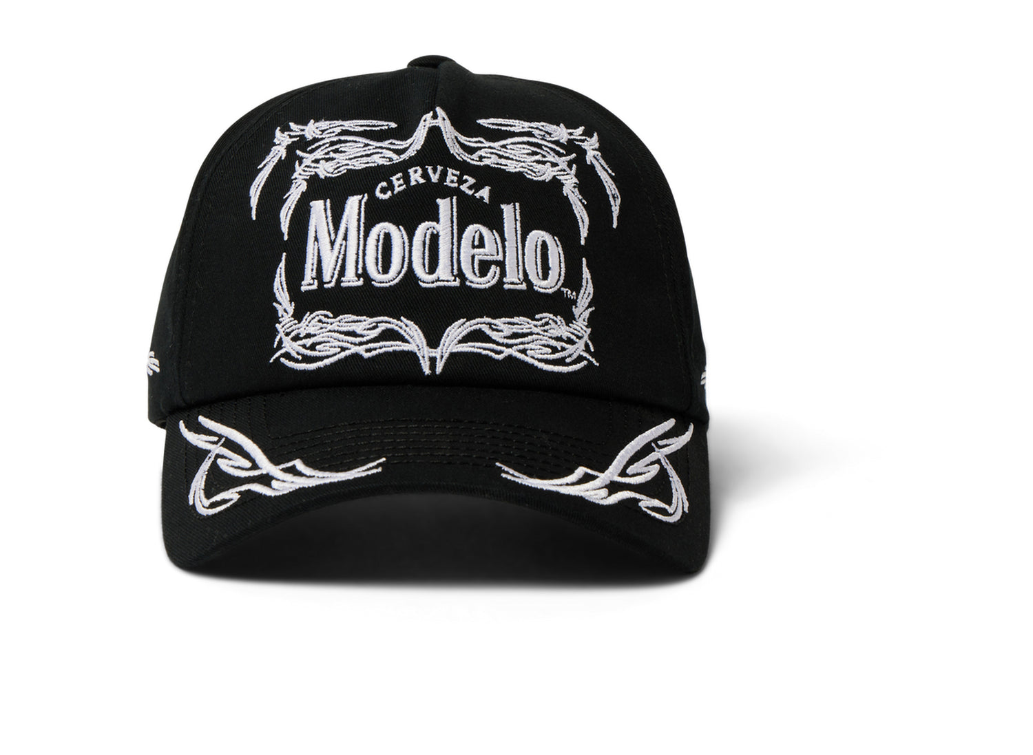 HUF x Modelo Pinstripe Snapback Hat in Black, front view