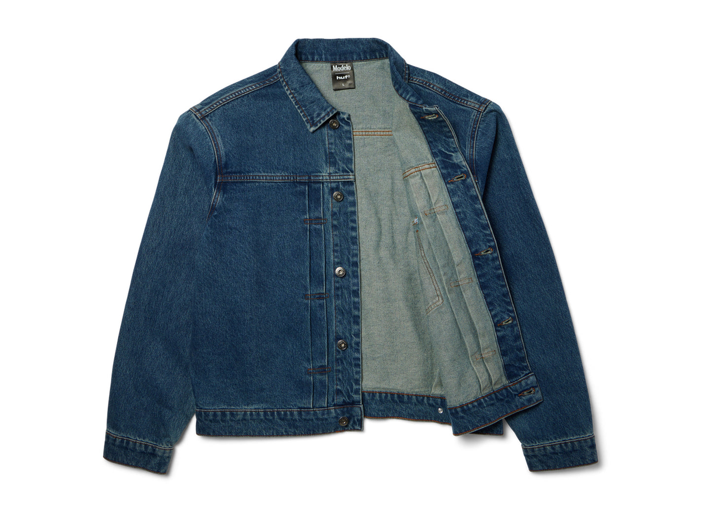 HUF x Modelo Trucker Jacket in Indigo, open front view