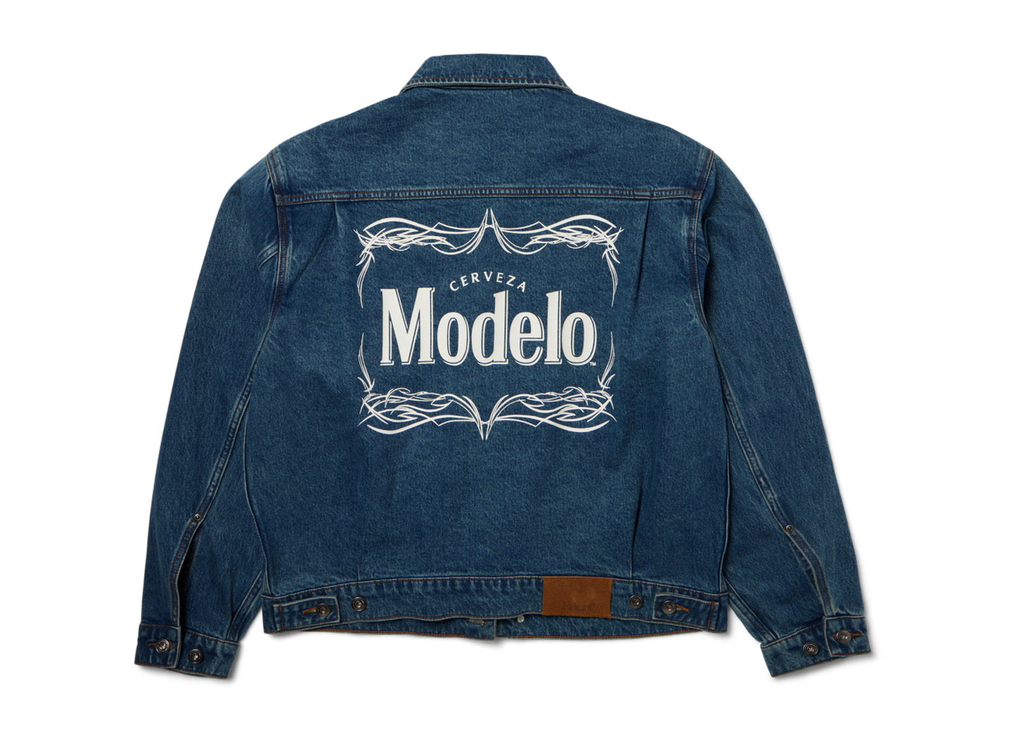HUF x Modelo Trucker Jacket in Indigo, back view