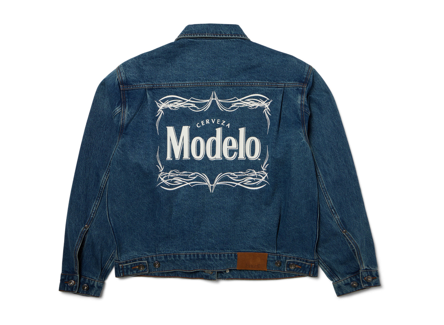 HUF x Modelo Trucker Jacket in Indigo, back view