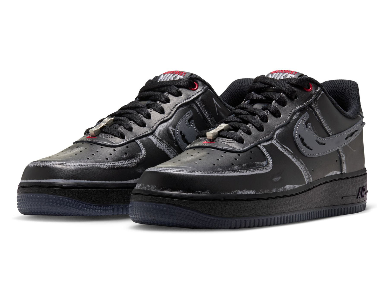 Nike Air Force 1 '07 IZ1207-010 in Black / Gym Red / Metallic Silver / Stealth — front angle pair