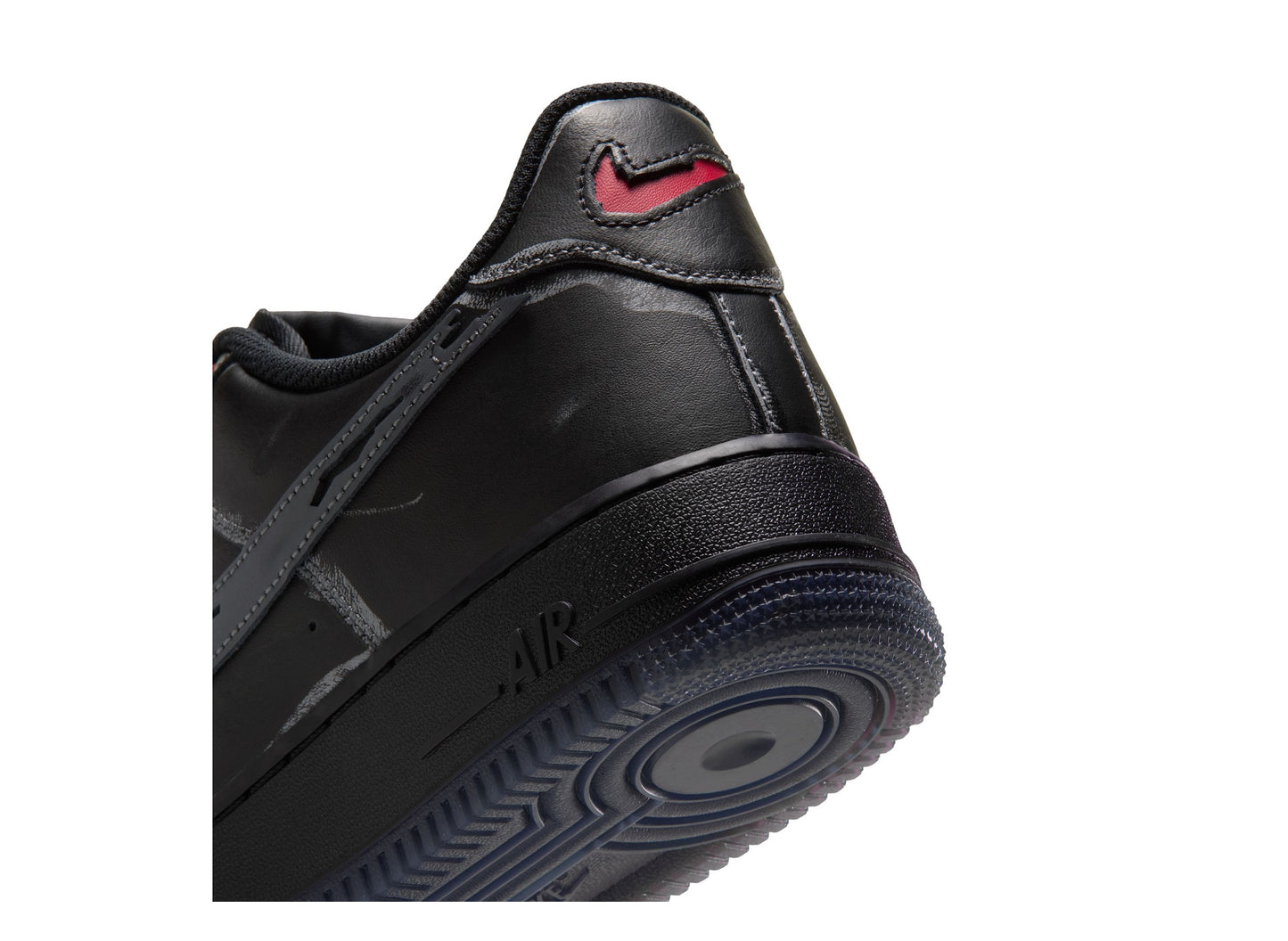 Nike Air Force 1 '07 IZ1207-010 in Black / Gym Red / Metallic Silver / Stealth — heel detail
