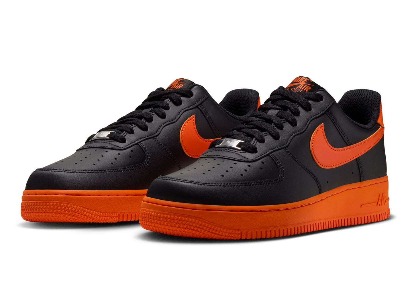 Nike Air Force 1 '07 in Black / Safety Orange — front three-quarter view