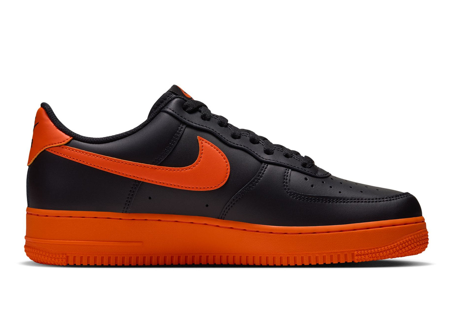 Nike Air Force 1 '07 in Black / Safety Orange — right-facing inner side profile