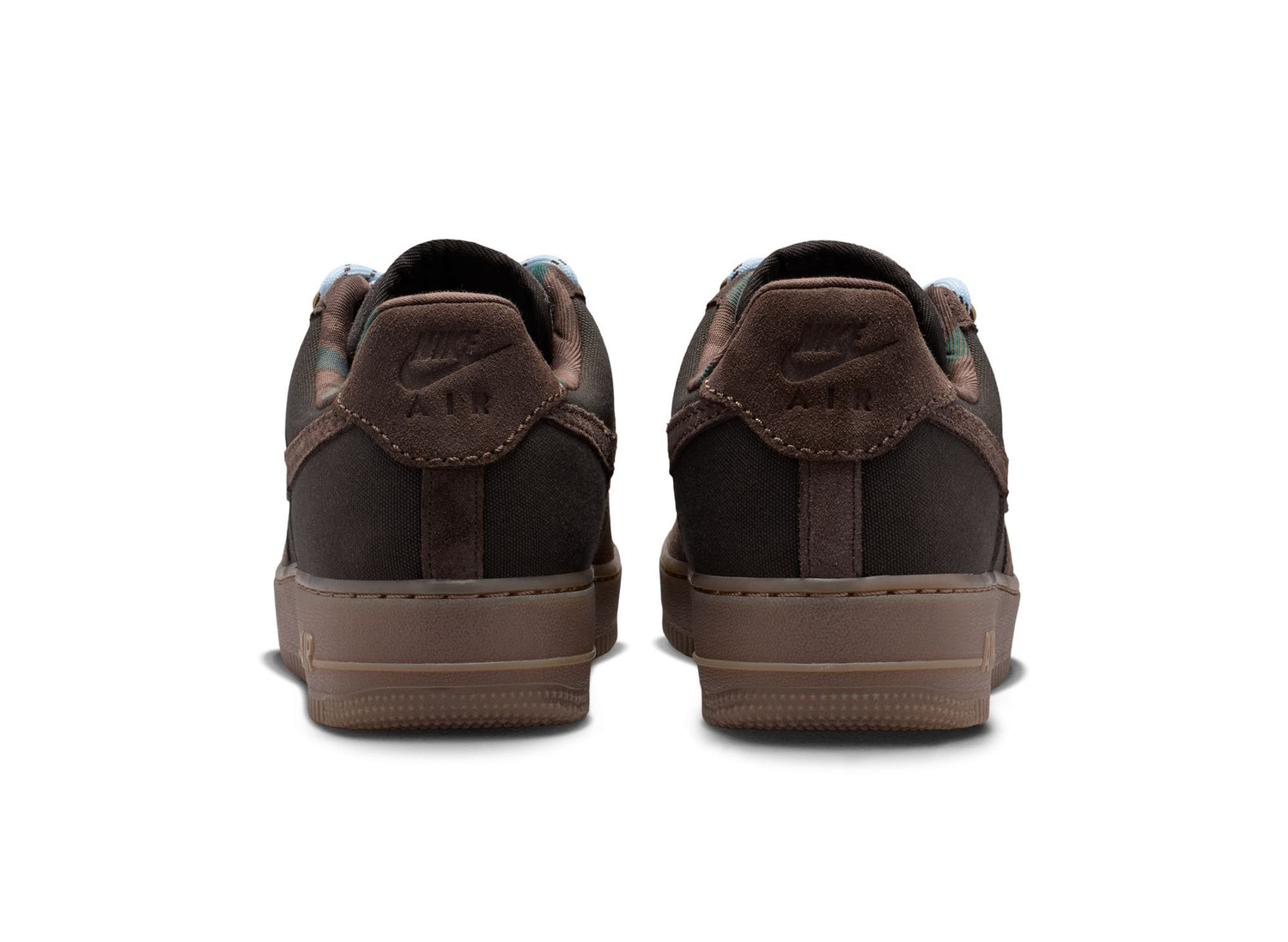 Nike Air Force 1 '07 LV8 in Shadow Brown / Baroque Brown — rear view of the pair