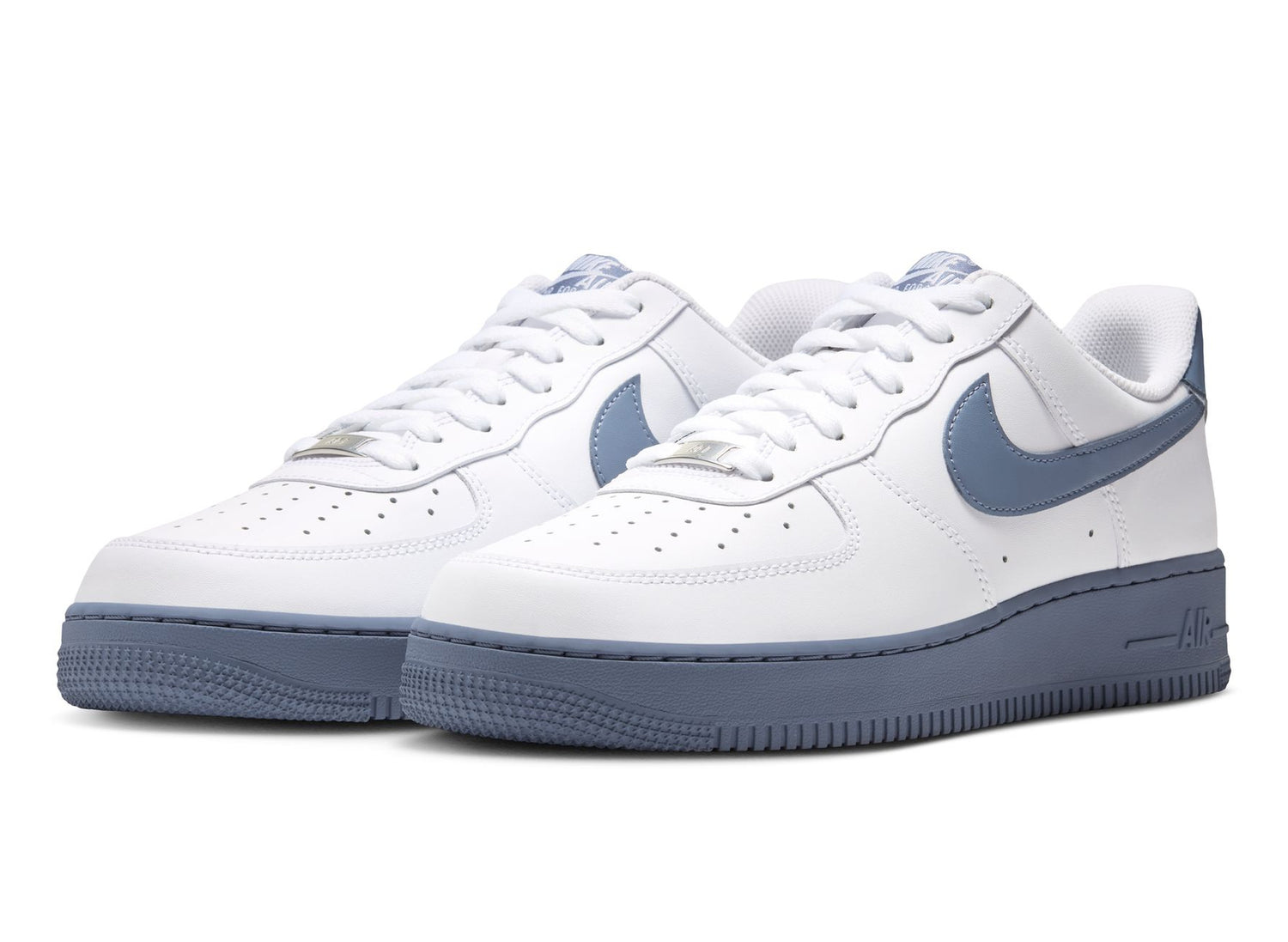 Nike Air Force 1 '07 in White / Diffused Blue / Metallic Silver — front three-quarter view