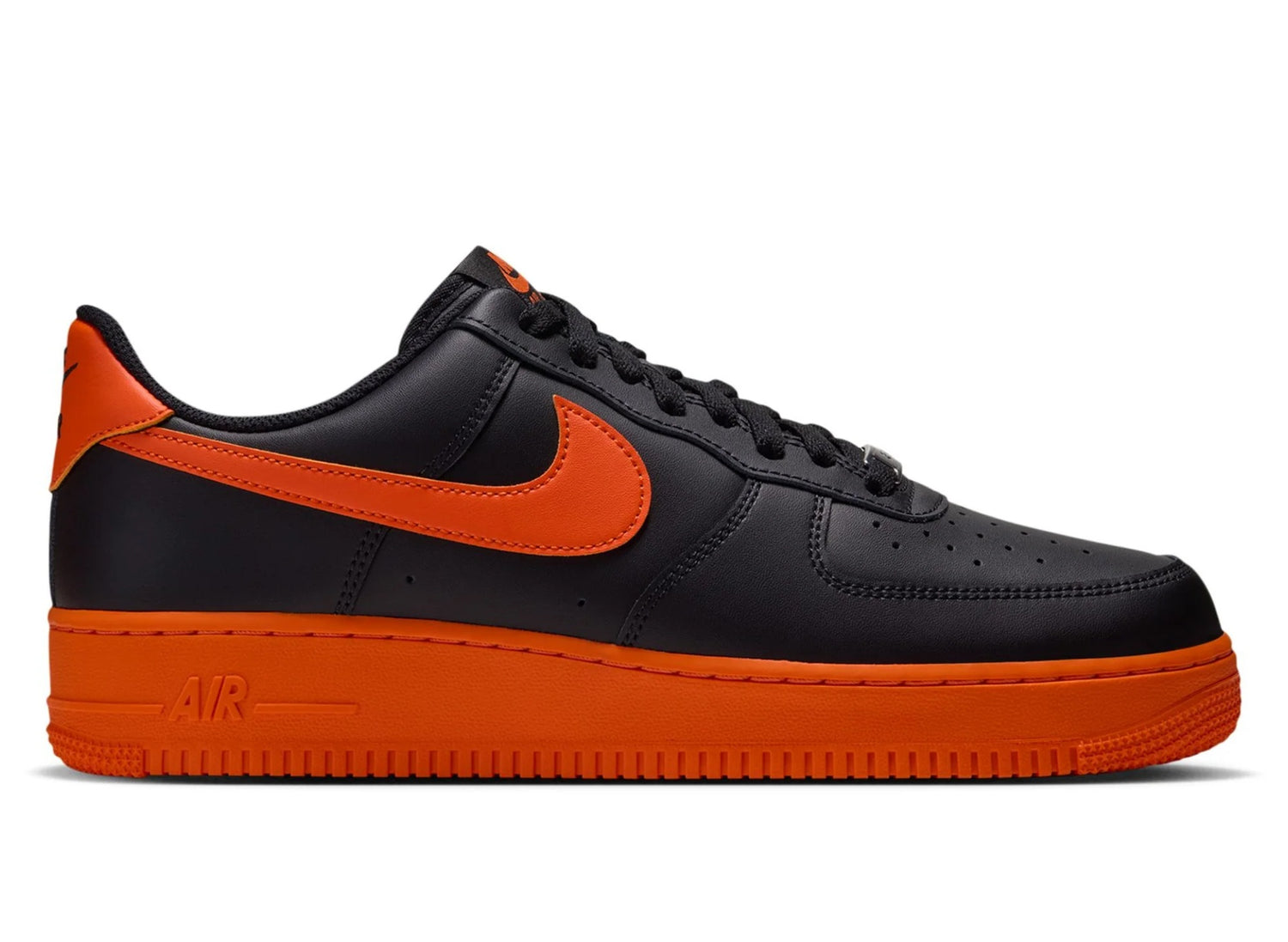 Nike Air Force 1 '07 in Black / Safety Orange — right-facing side profile