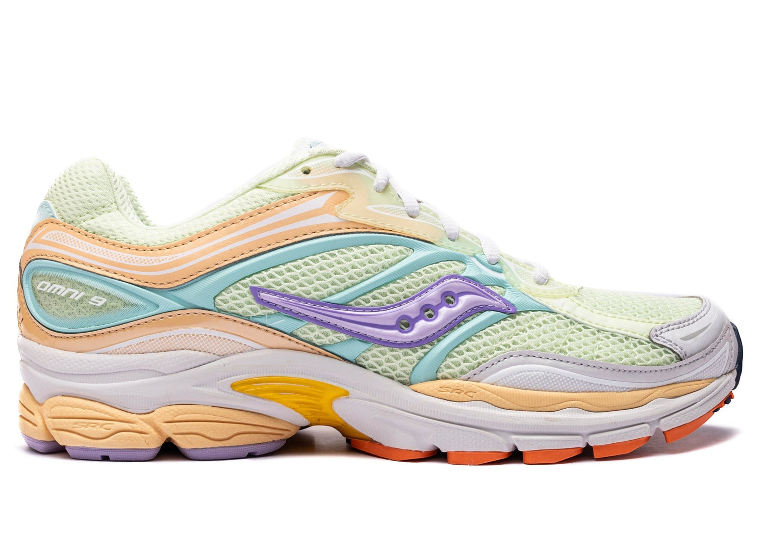 Oneness Boutique Saucony Progrid Omni 9 lime and orchid running shoes with mesh upper and purple logo.
