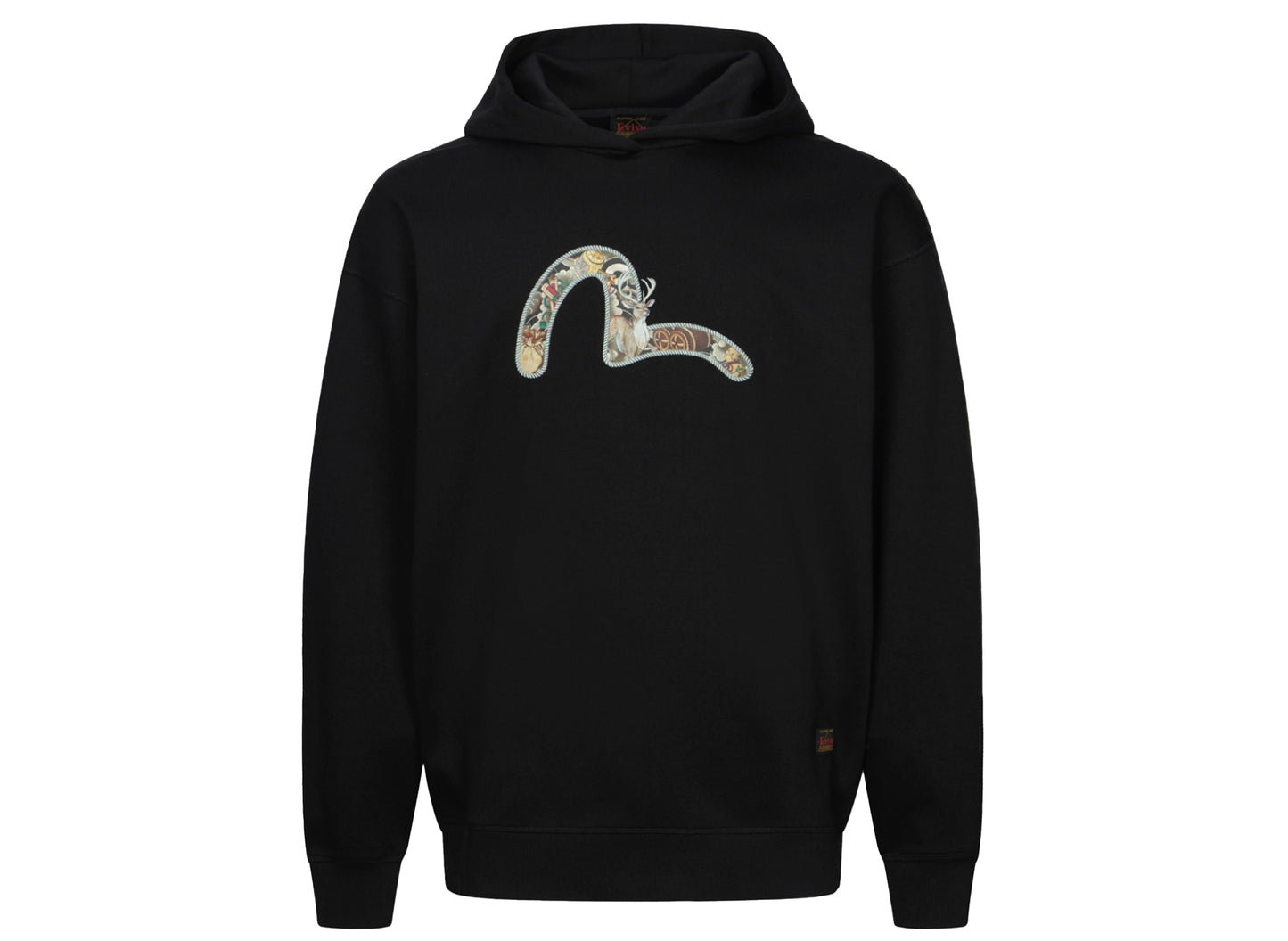 Evisu Deer & Treasure Pattern Seagull Print Loose Fit Hoodie in Black