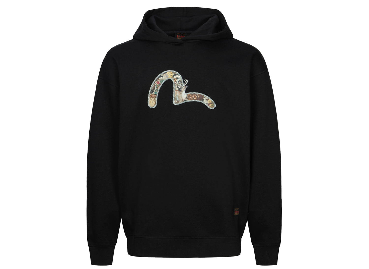 Evisu Deer & Treasure Pattern Seagull Print Loose Fit Hoodie in Black