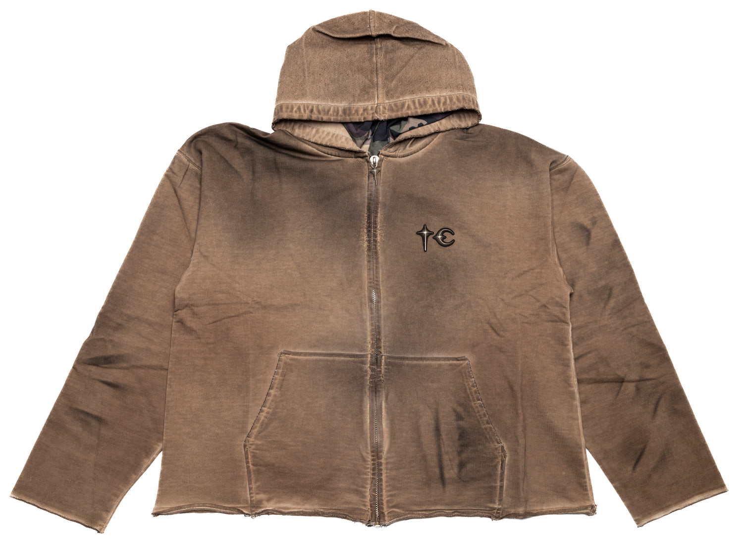 Thug Club Creed Scarf Hooded Zip-Up Hoodie in Beige, front view
