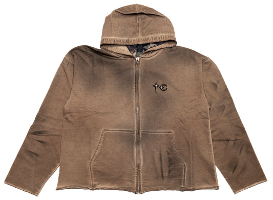 Thug Club Creed Scarf Hooded Zip-Up Hoodie in Beige, front view