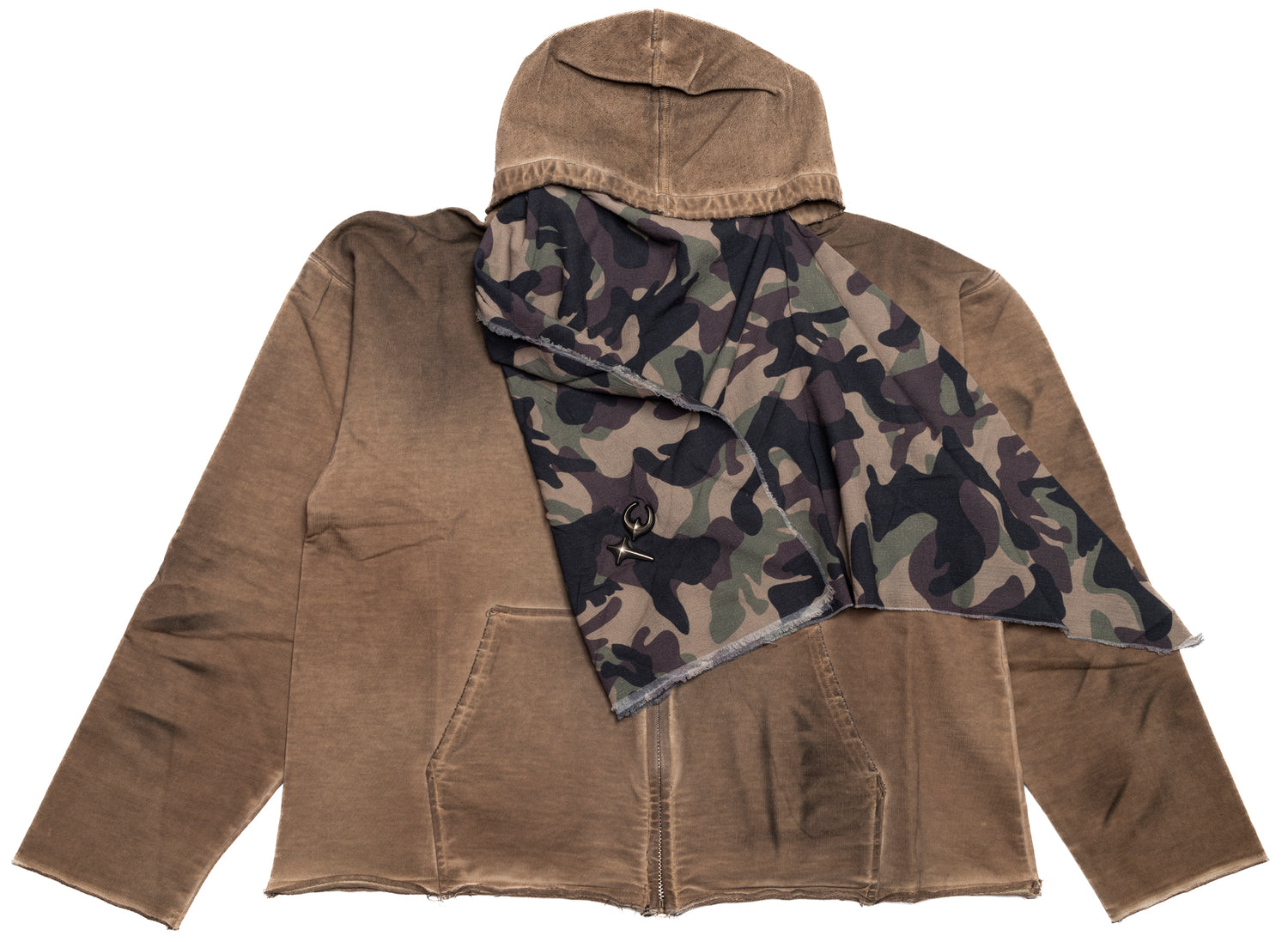 Thug Club Creed Scarf Hooded Zip-Up Hoodie in Beige, scarf detail