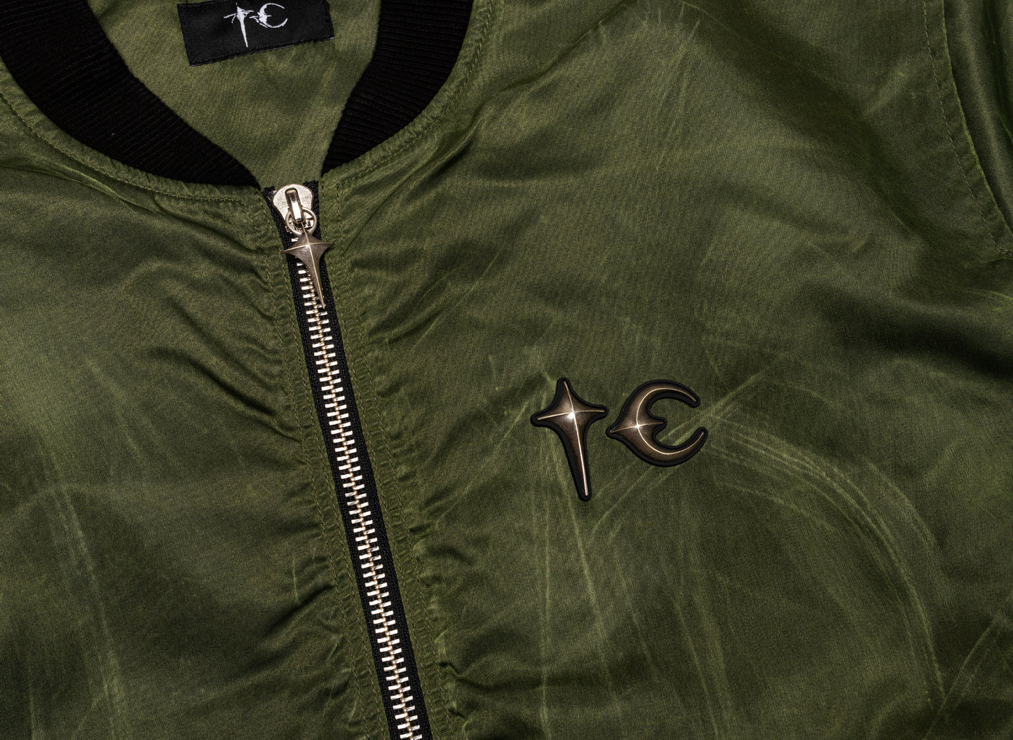Thug Club Jamong Two Tone Washed MA-1 Jacket in Khaki, zipper and logo detail