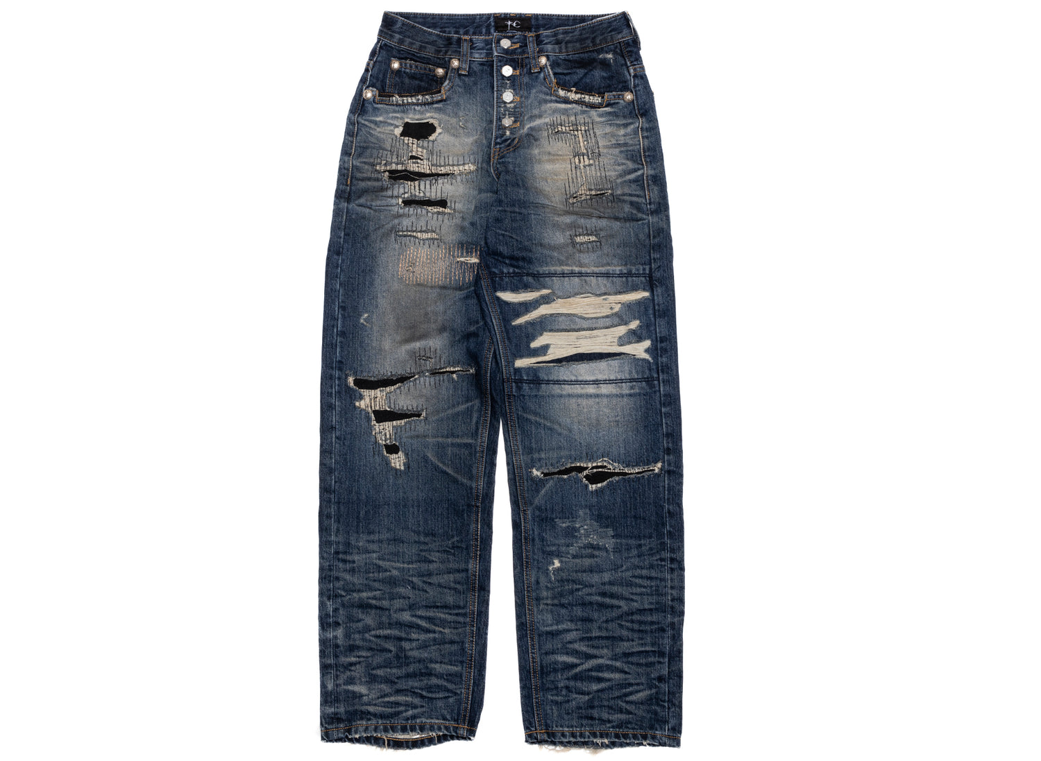 Thug Club Skull Stitch Ripped Denim Pants in Blue, front view