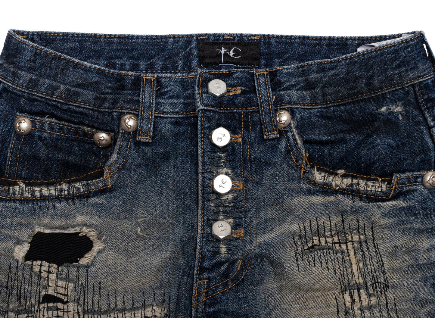 Thug Club Skull Stitch Ripped Denim Pants in Blue, waistband detail