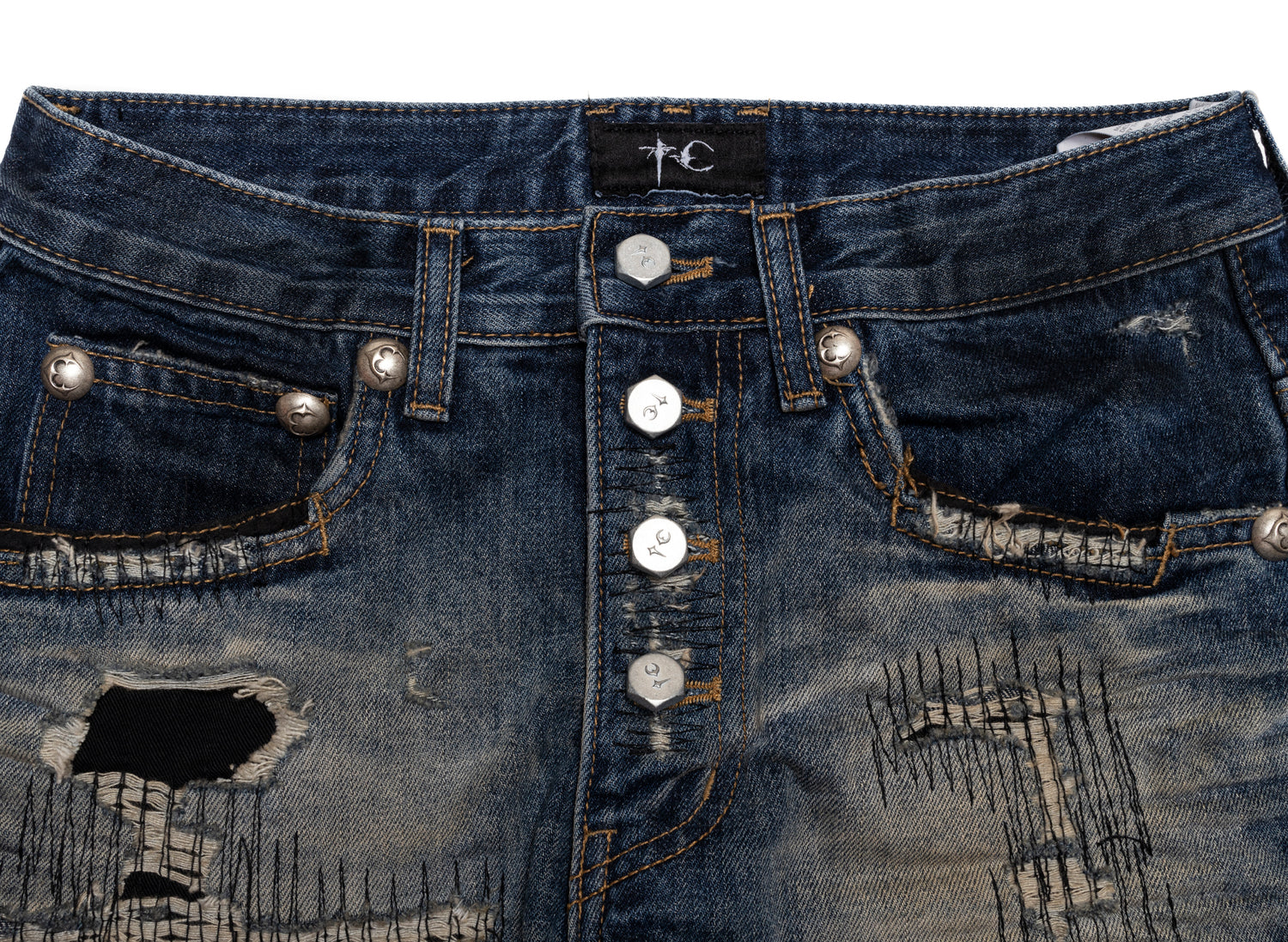 Thug Club Skull Stitch Ripped Denim Pants in Blue, waistband detail