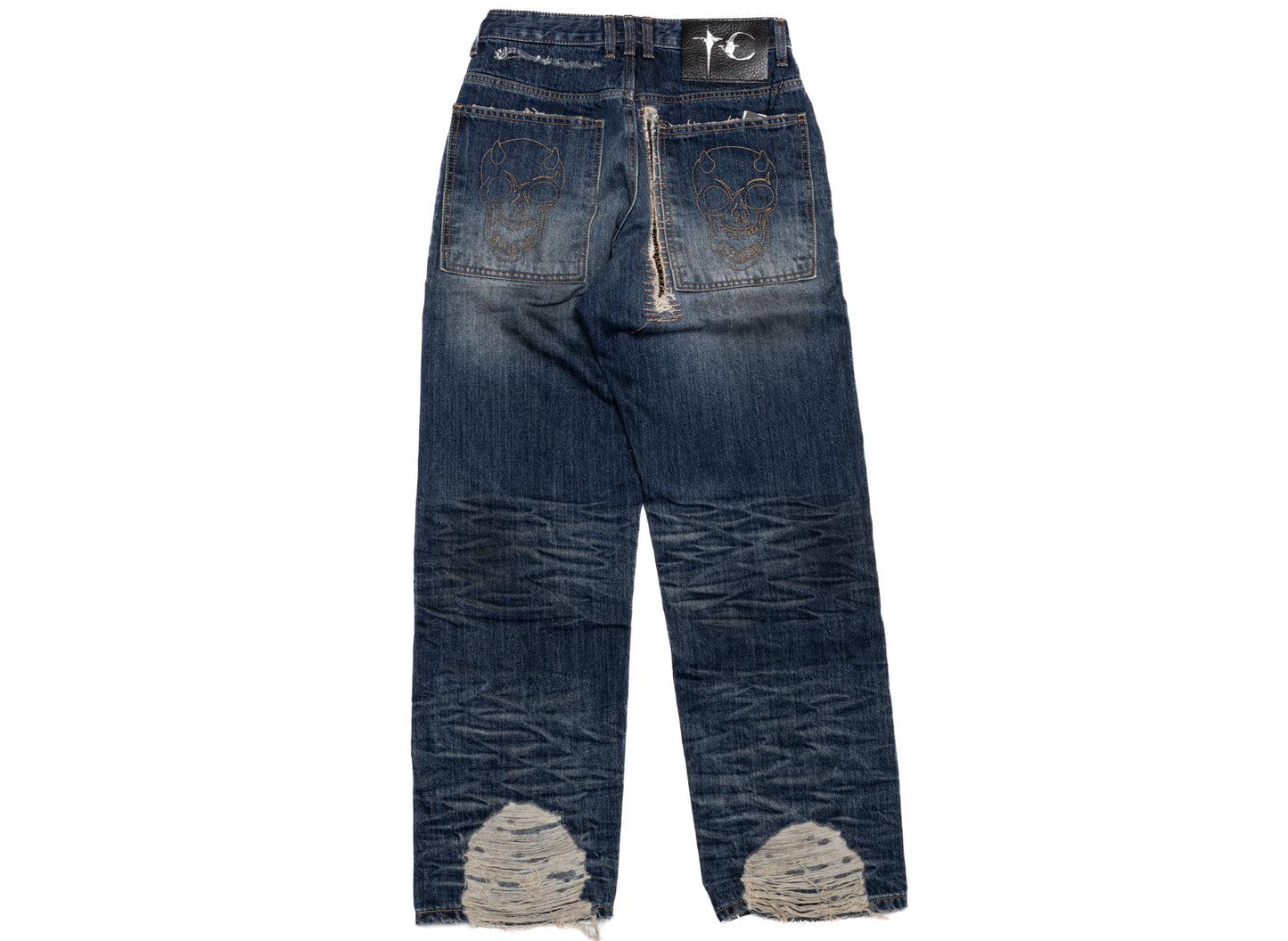 Thug Club Skull Stitch Ripped Denim Pants in Blue, back view