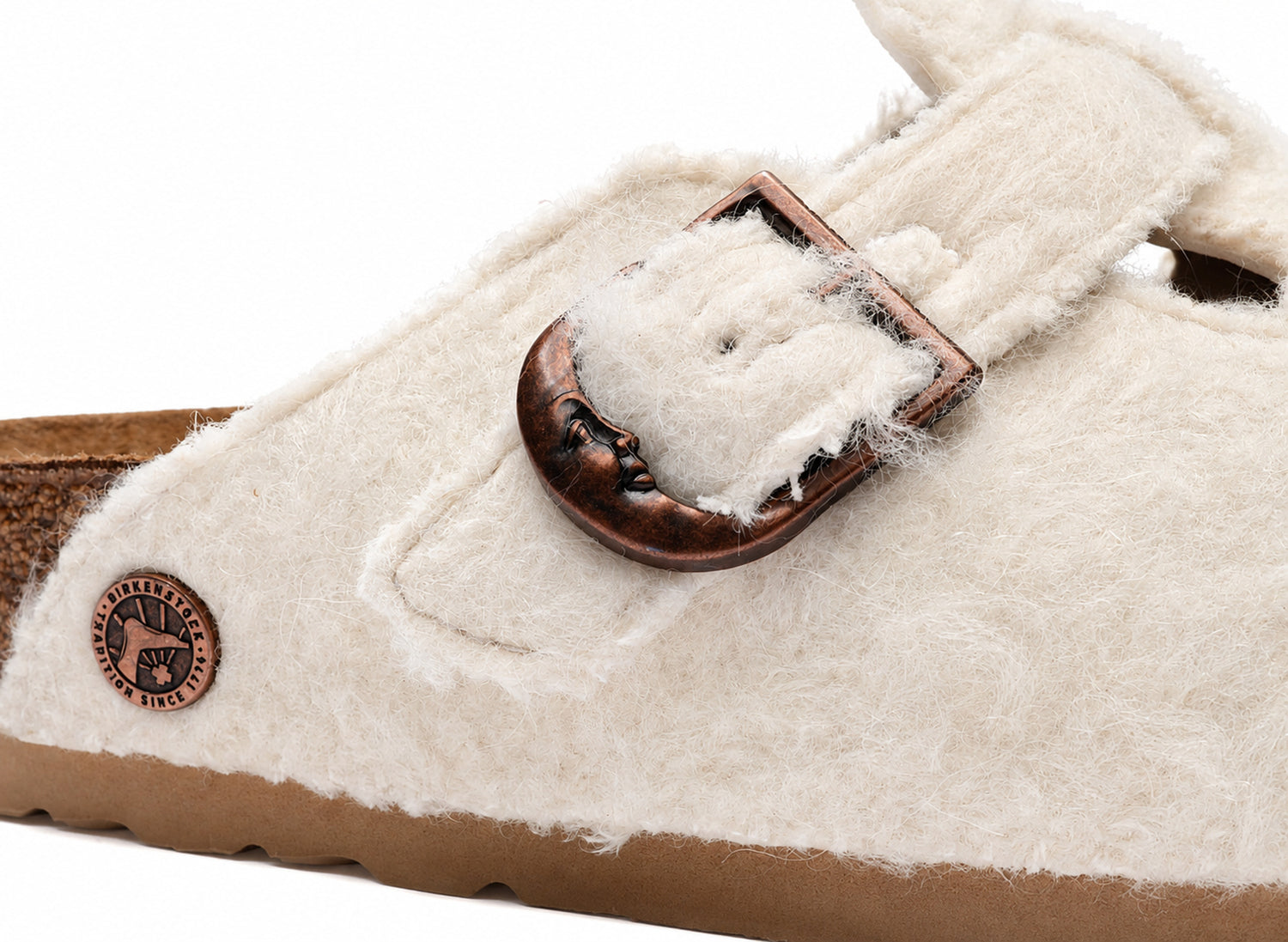 Women's Birkenstock x Cole Bennett Boston Woolly Moon in Off-White, buckle detail