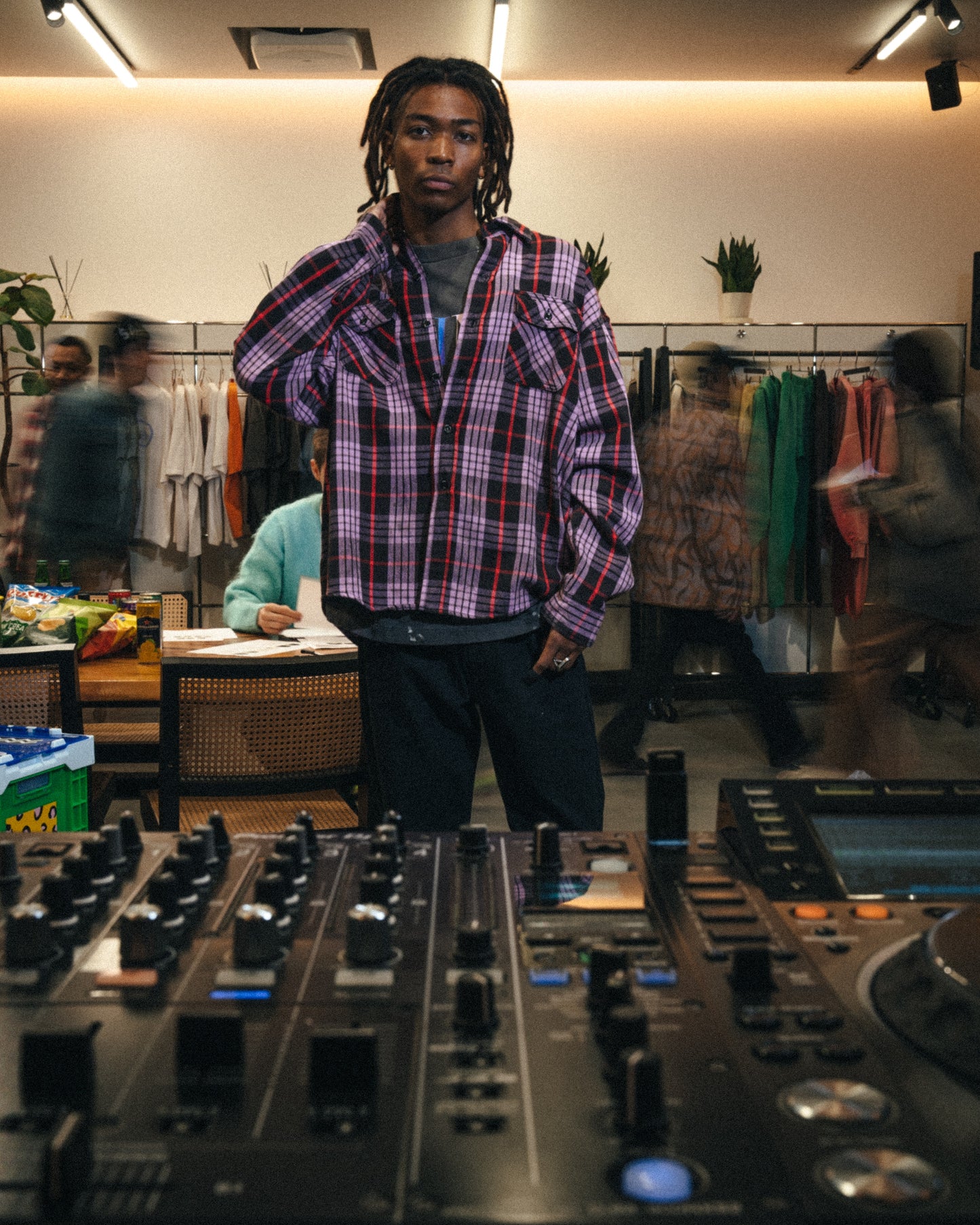 Saint Michael Check Shirt in Purple — model styling