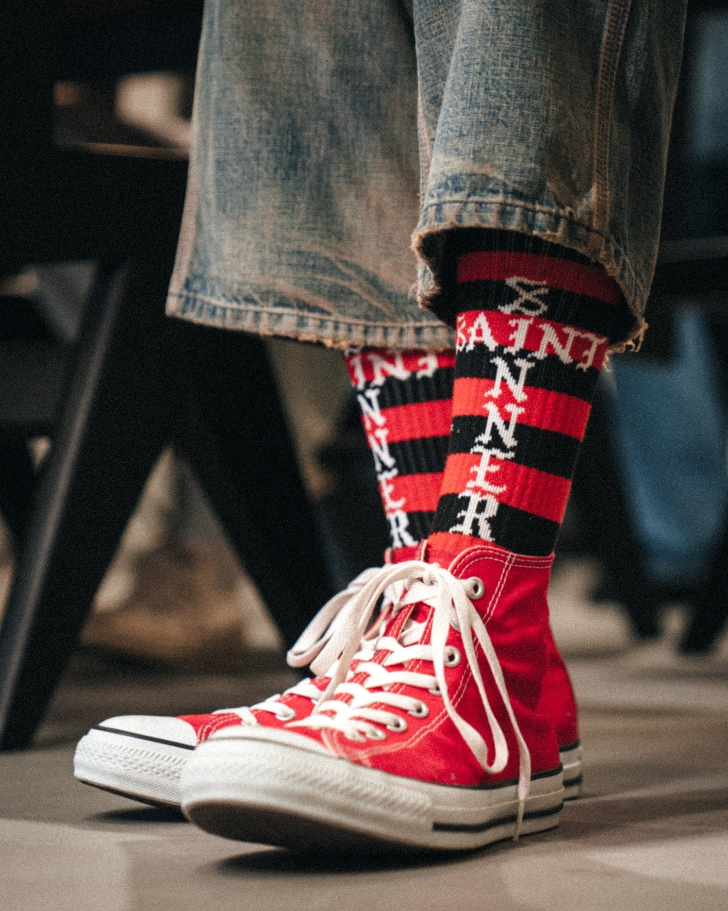 Saint Michael Border Socks in Black / Red — product detail