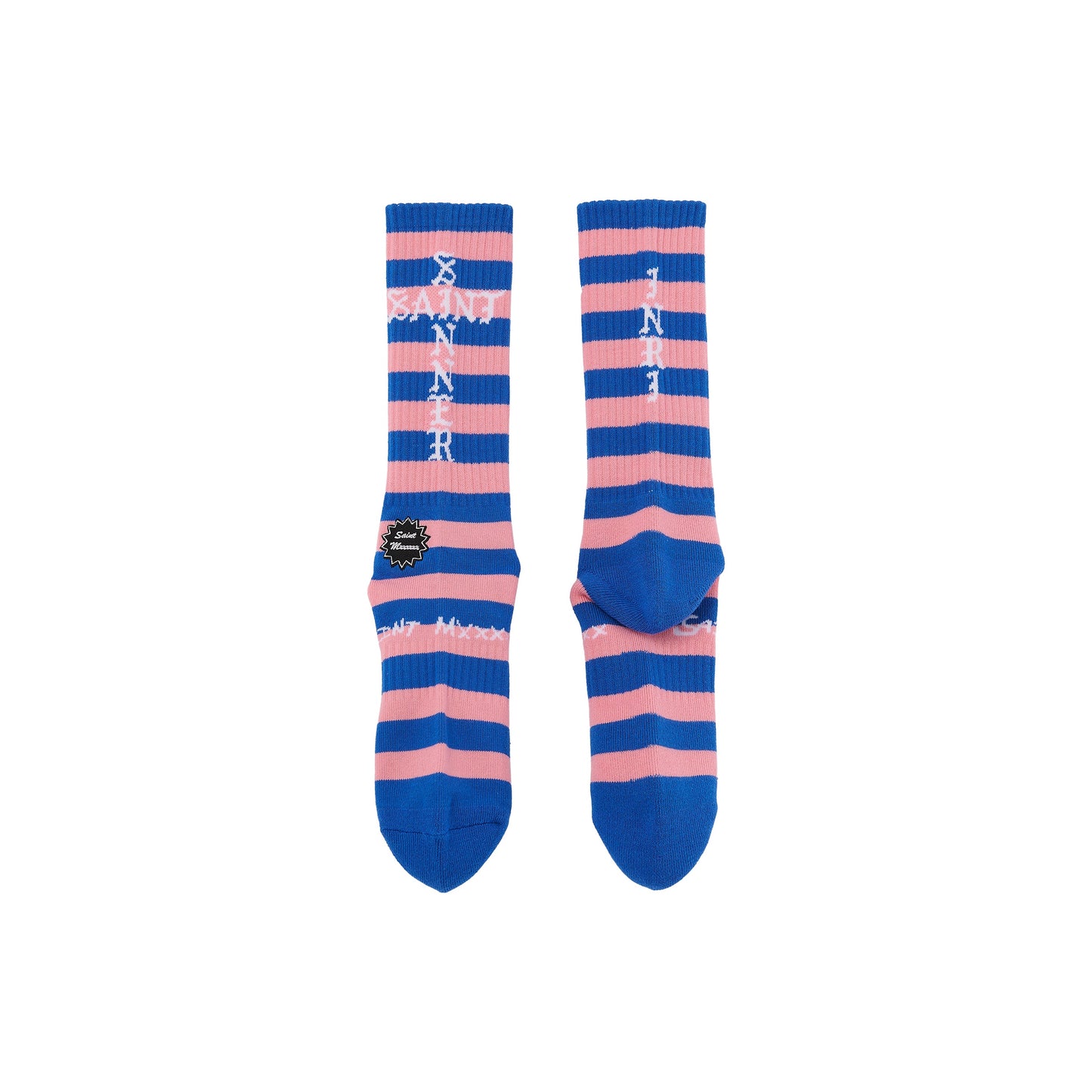 Saint Michael Border Socks in Blue / Pink — front studio view