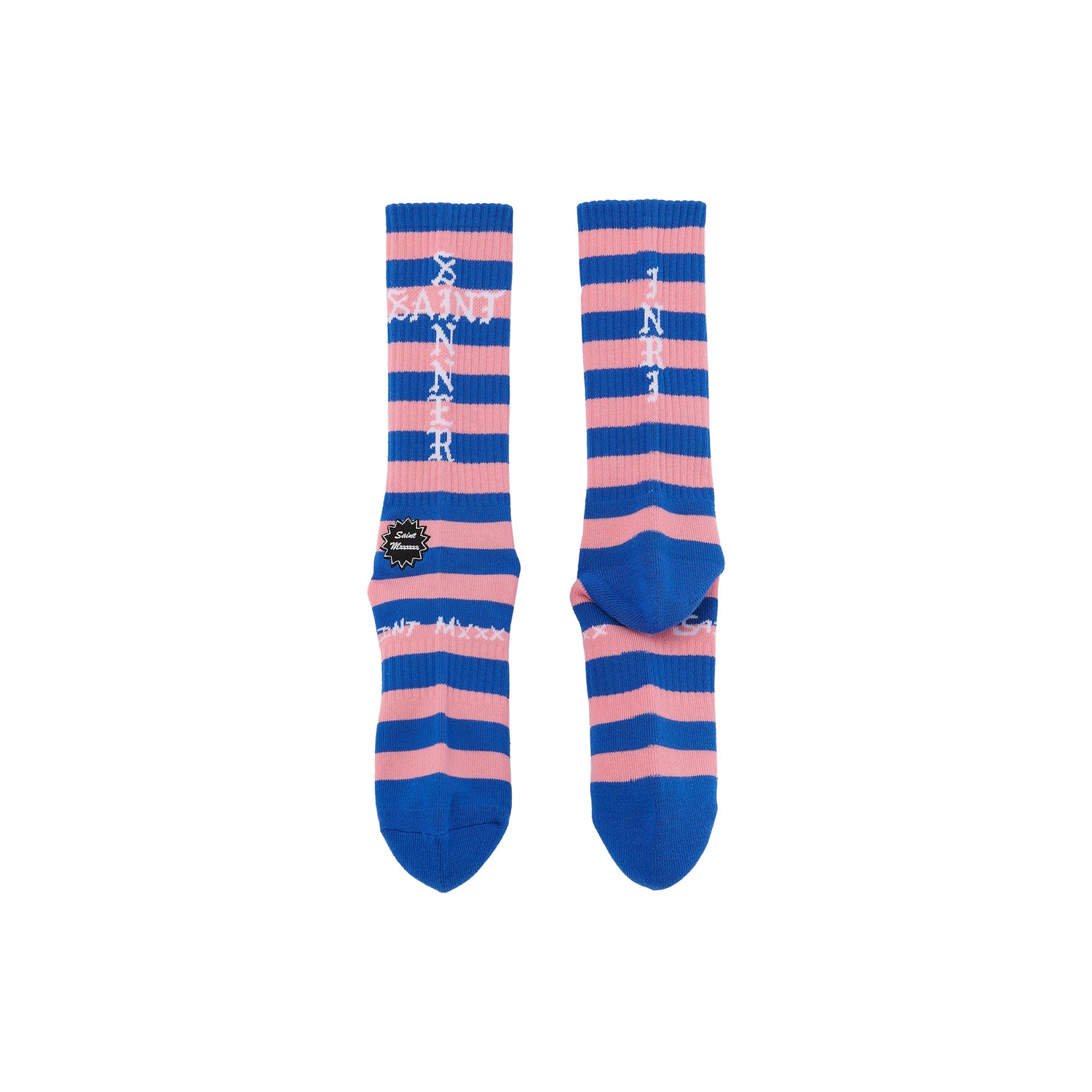 Saint Michael Border Socks in Blue / Pink — front studio view