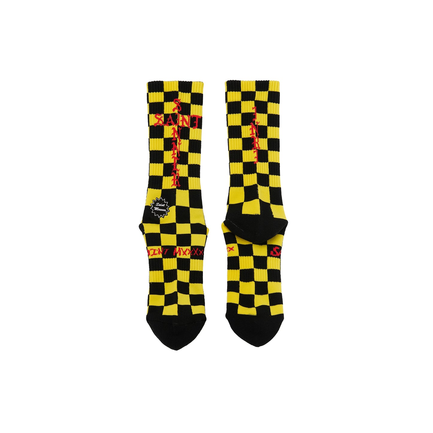 Saint Michael Check Socks in Black / Yellow — front studio view