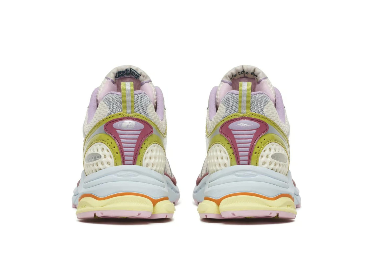 Saucony x Evelynn World ProGrid Triumph 4 Mom Shoe in White / Yellow / Silver, heel view on white