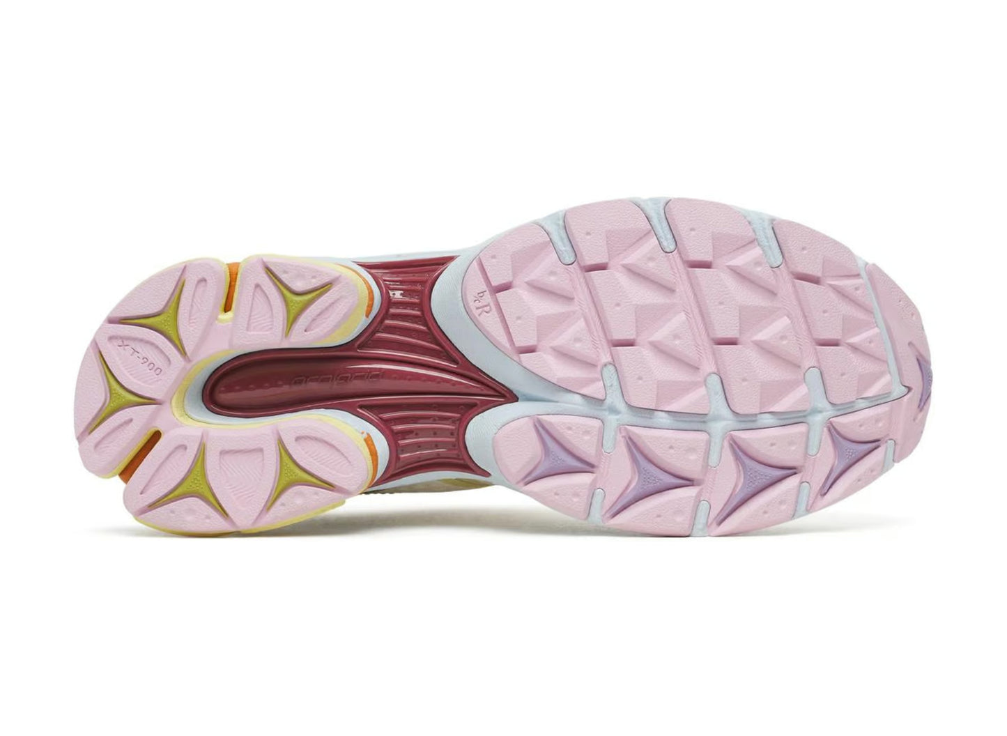 Saucony x Evelynn World ProGrid Triumph 4 Mom Shoe in White / Yellow / Silver, outsole view on white