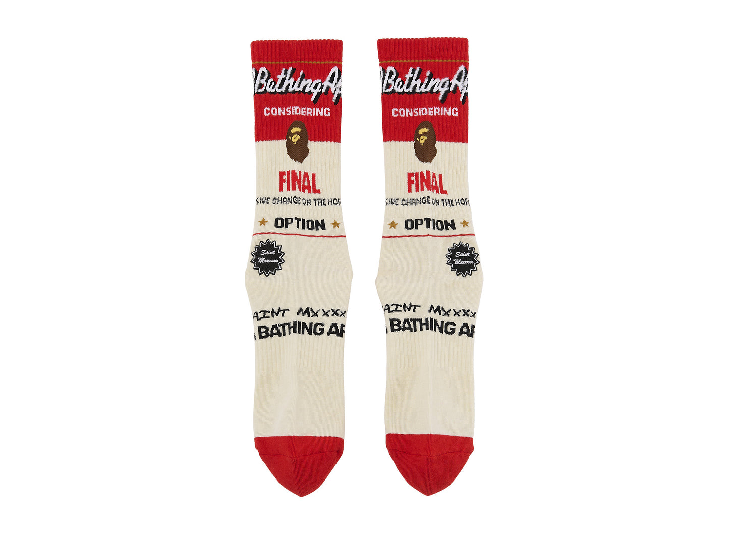 Saint Michael x BAPE Fainal Socks in Ecru and Red, men's socks, view 2