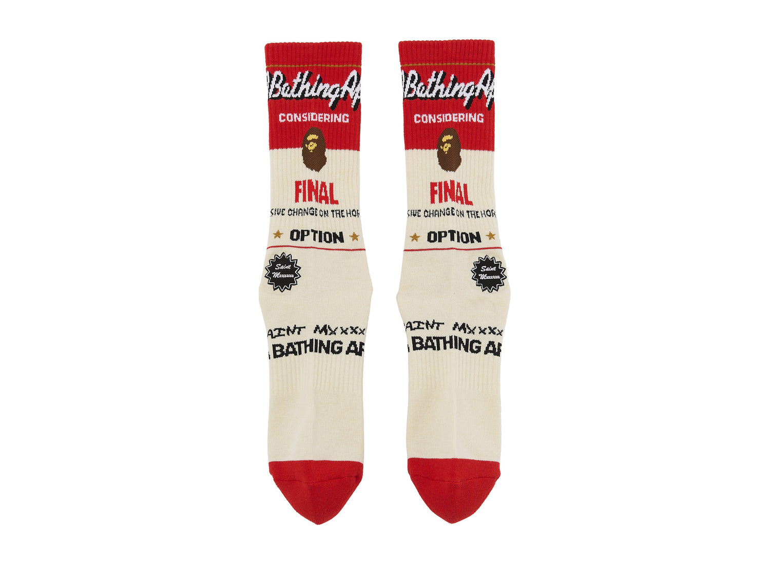Saint Michael x BAPE Fainal Socks in Ecru and Red, men's socks, view 2