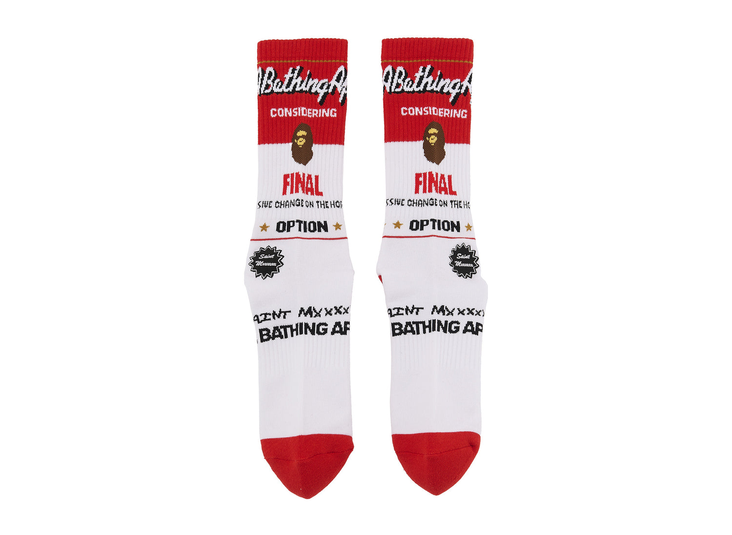 Saint Michael x BAPE Fainal Socks in White and Red, men's socks, view 2