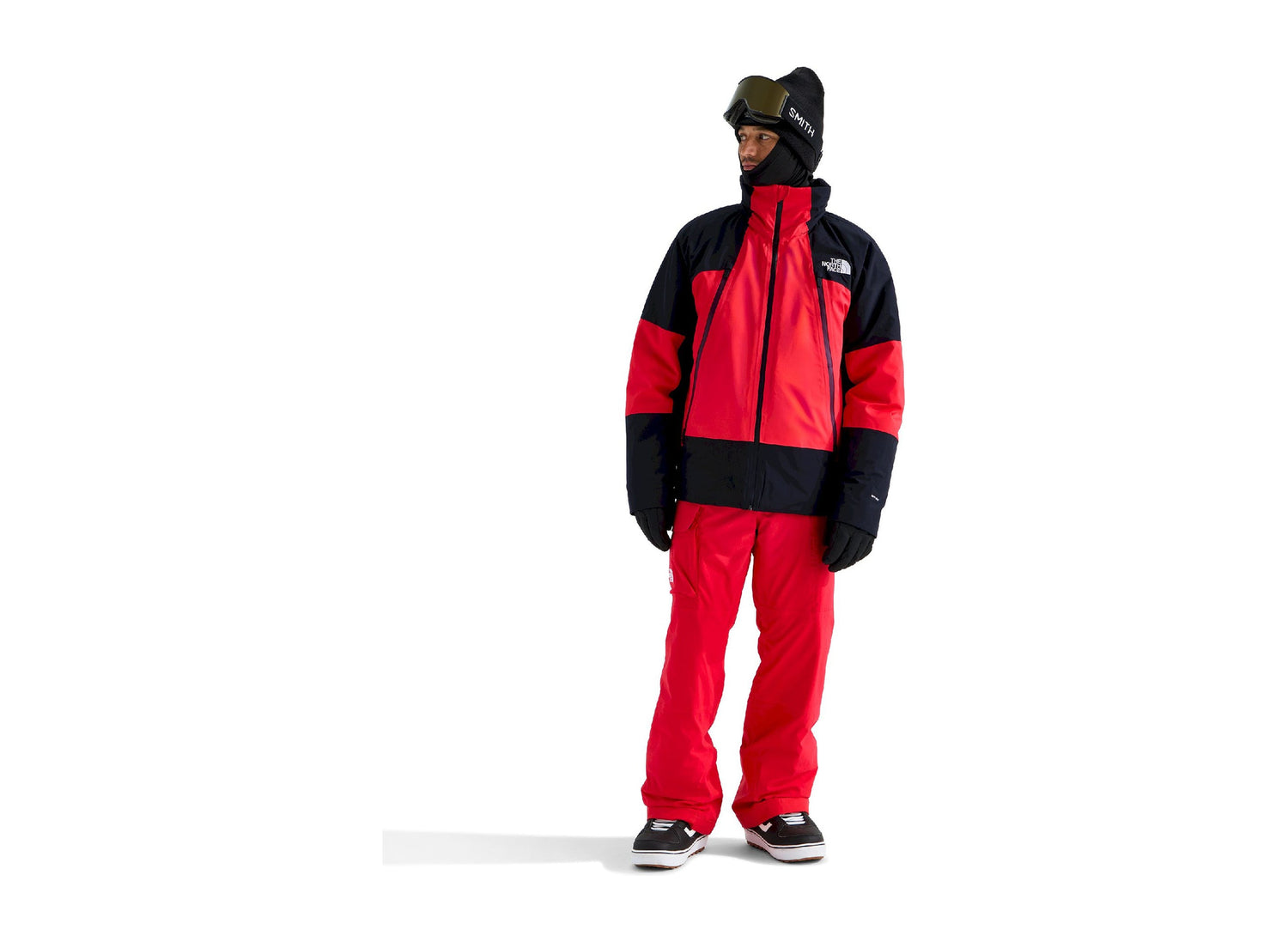 The North Face Snowsquall Jacket in Elevation Red / TNF Black, full-length view worn by a model