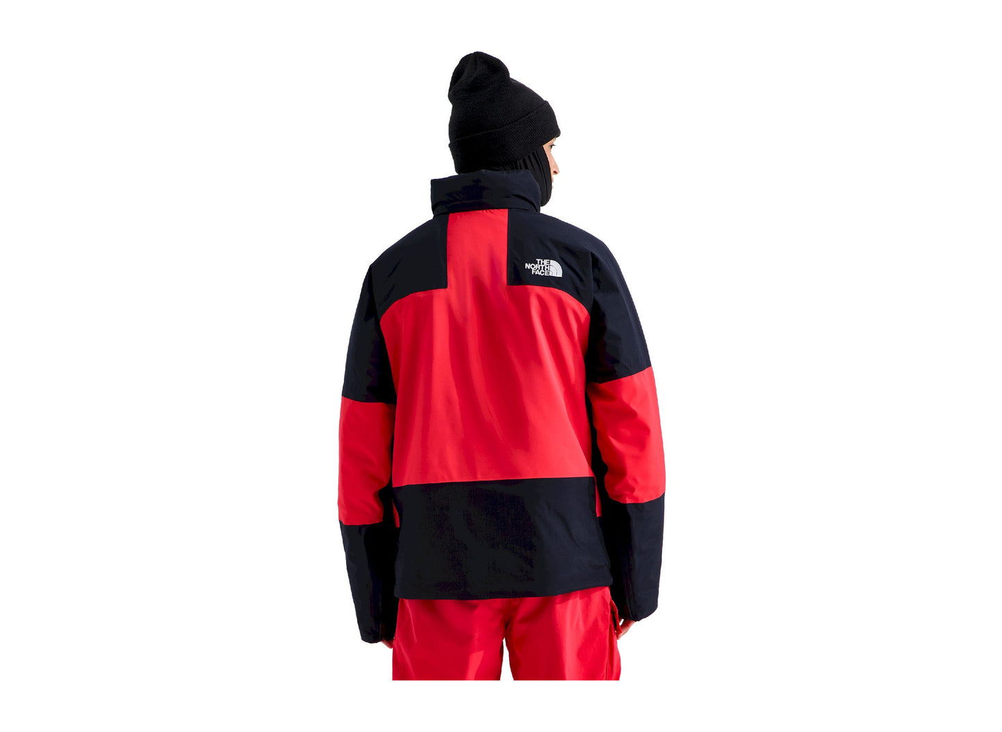 The North Face Snowsquall Jacket in Elevation Red / TNF Black, back view worn by a model